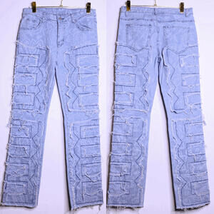 Distressed Damask Print Blue Jeans - Medium